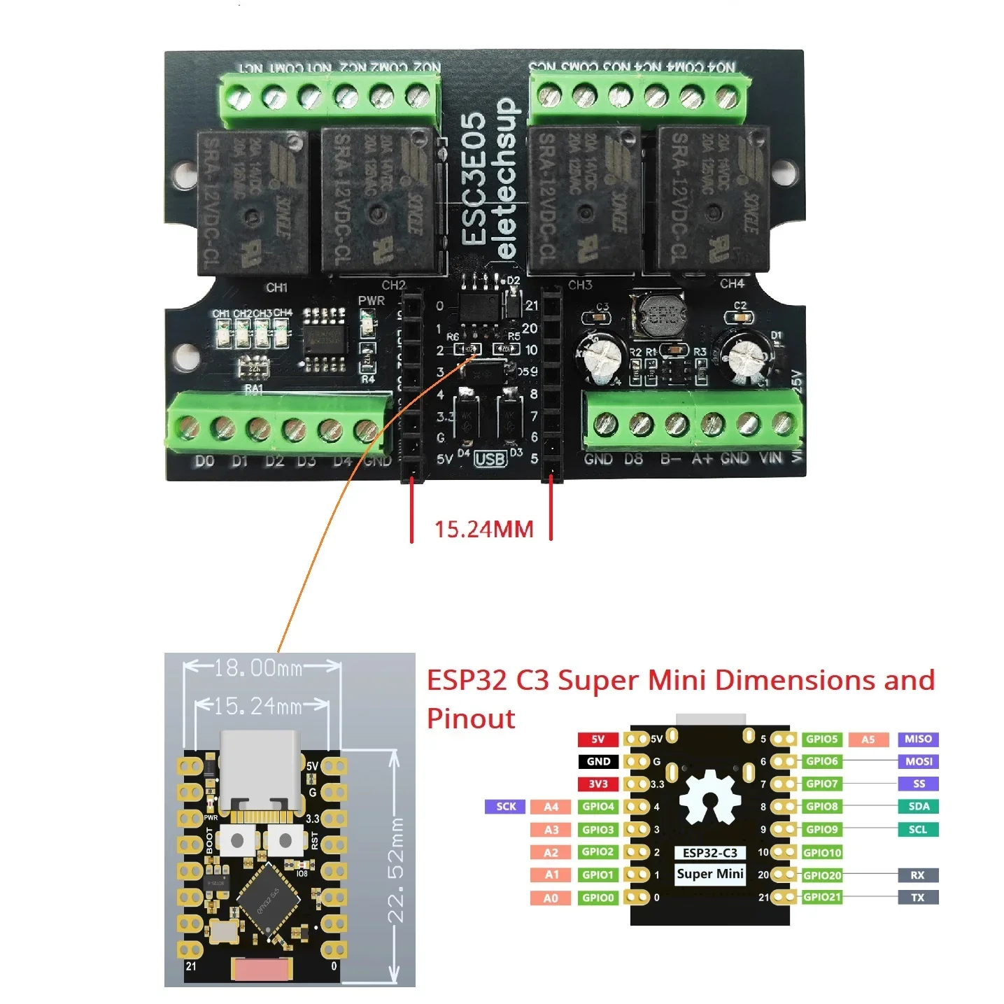 ESP32 C3 Relay Module for Arduino IOT Network, DC 9V 12V 24V Mini Expansion Board with 4AI-4DO RS485