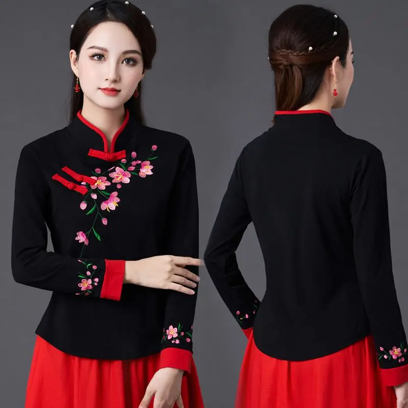 Cheongsam-Costume Tang de Style chinois pour femmes, mélange de coton, broderie à col montant, chemises Qipao, grande taille, printemps, Y-2023