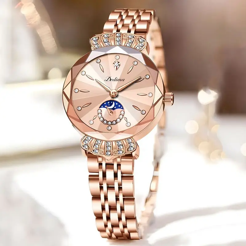 Women's Quartz Watch Premium Waterproof Rose Gold Solid Female Watches Steel Strap Diamond Decorated Butterfly Clasp Lady Watch