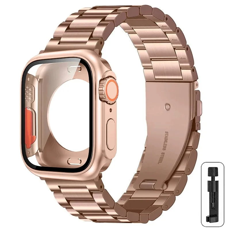 2 IN 1 Set Rose Stainless Steel Strap+Ultra Case for Apple Watch Series 9 8 7 6 SE 5 4 Metal Band Case for Iwatch