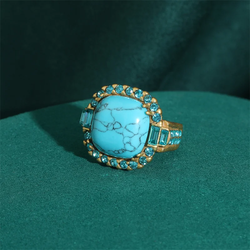 Vintage Wedding Rings for Women Round Blue Natural Oval Green Crystal Horse Eye Shape Glass Retro Pattern Gold Color Jewelry