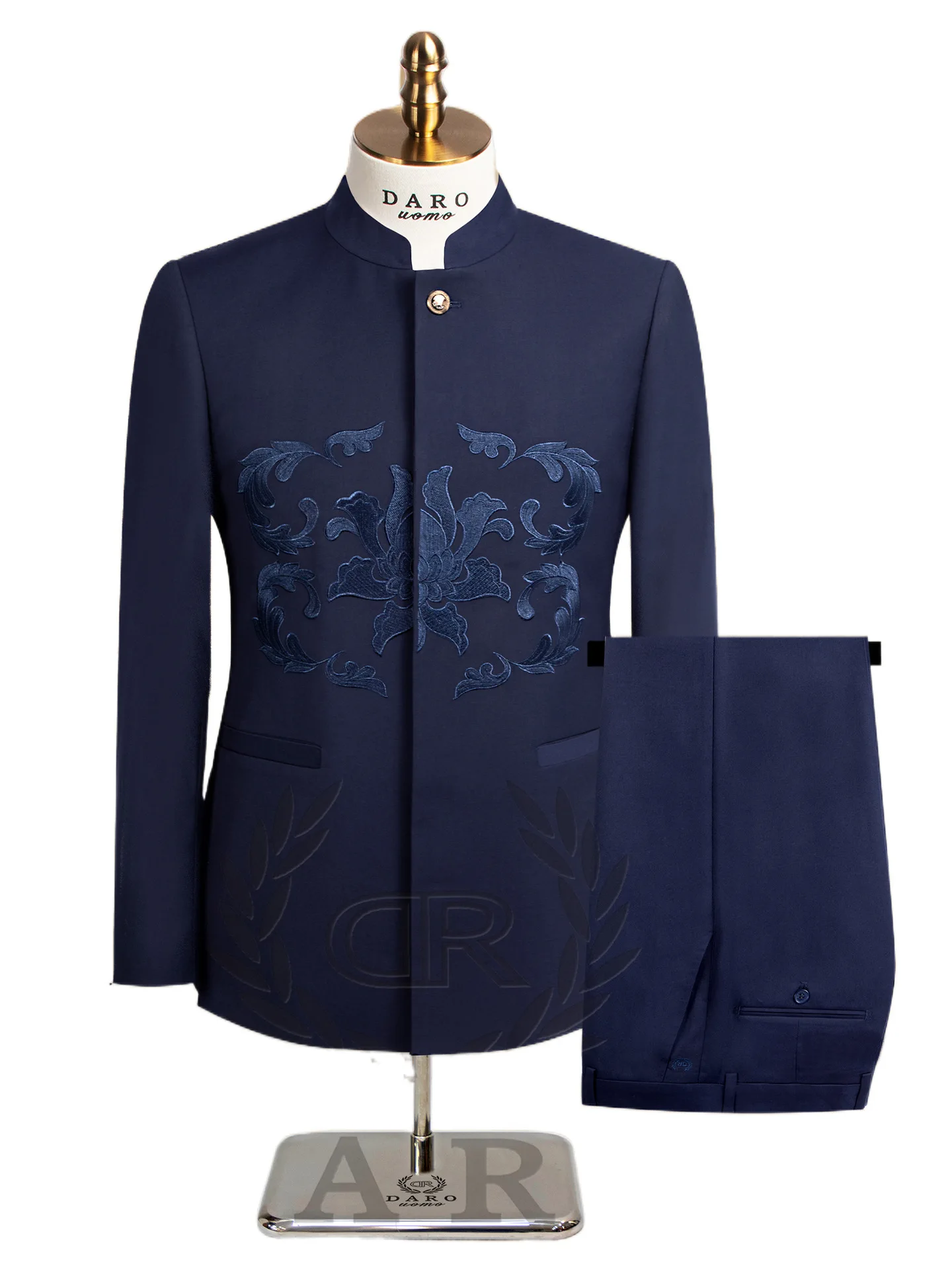 

Embroidered Stand Collar Suit 2 Piece Set Men Business Formal Casual Suits Office Work Party Prom Wedding Groom Blazer Trousers