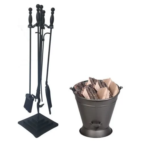 Fireplace Accessory Set Cast Iron Tongs Set and Wood Bucket Basket HBV000014R8GF1