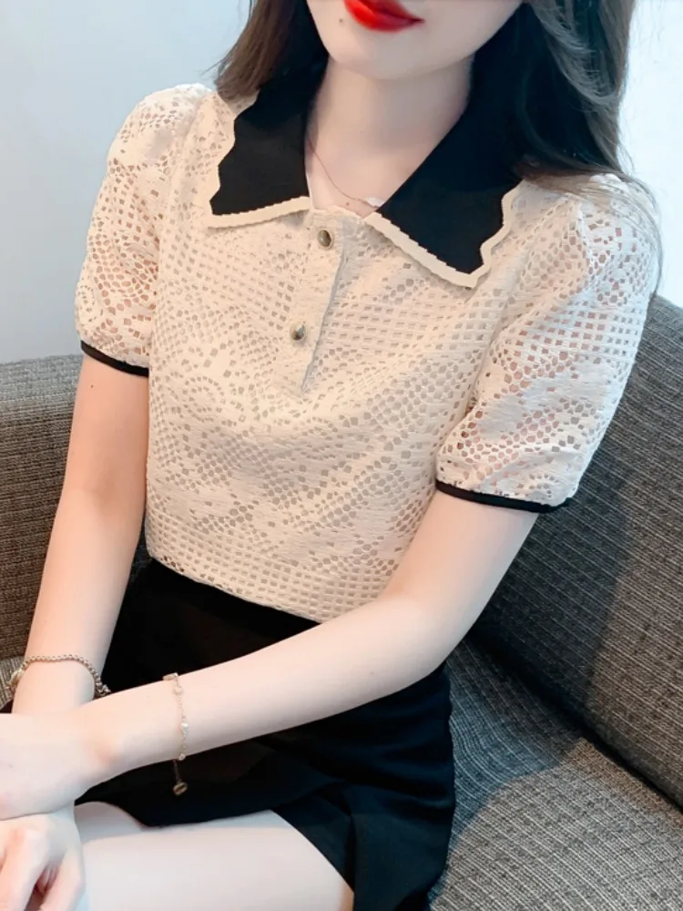 

Elegant Lace Shirt Collar Hollow out Loose Short Sleeve Women's Summer Top Commute Style Korean Version Straight Cut