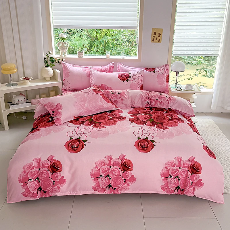 4pcs Pink Base Rose Floral Bedding Set, Soft Breathable Bed Linen with Duvet Cover, Pillowcases & Sheet, Full/Queen/King Size