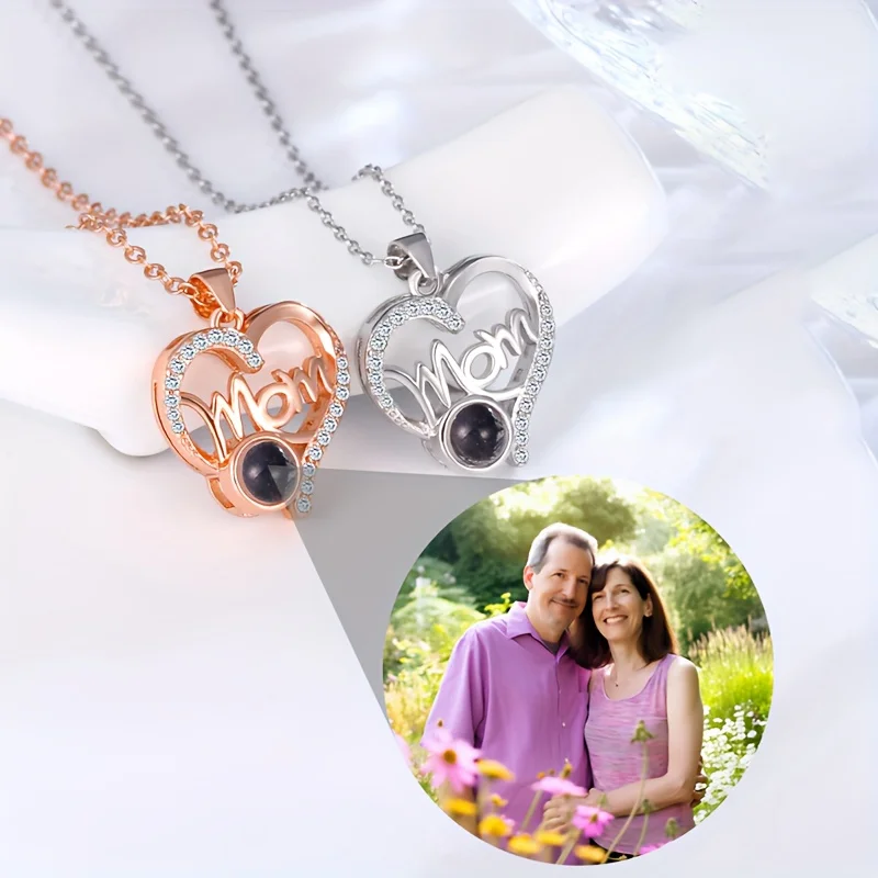 

Custom Photo Projection Necklace With Picture Inside Heart Pendant Stainless Steel Chain For Women Birthday Mother's Day Gift