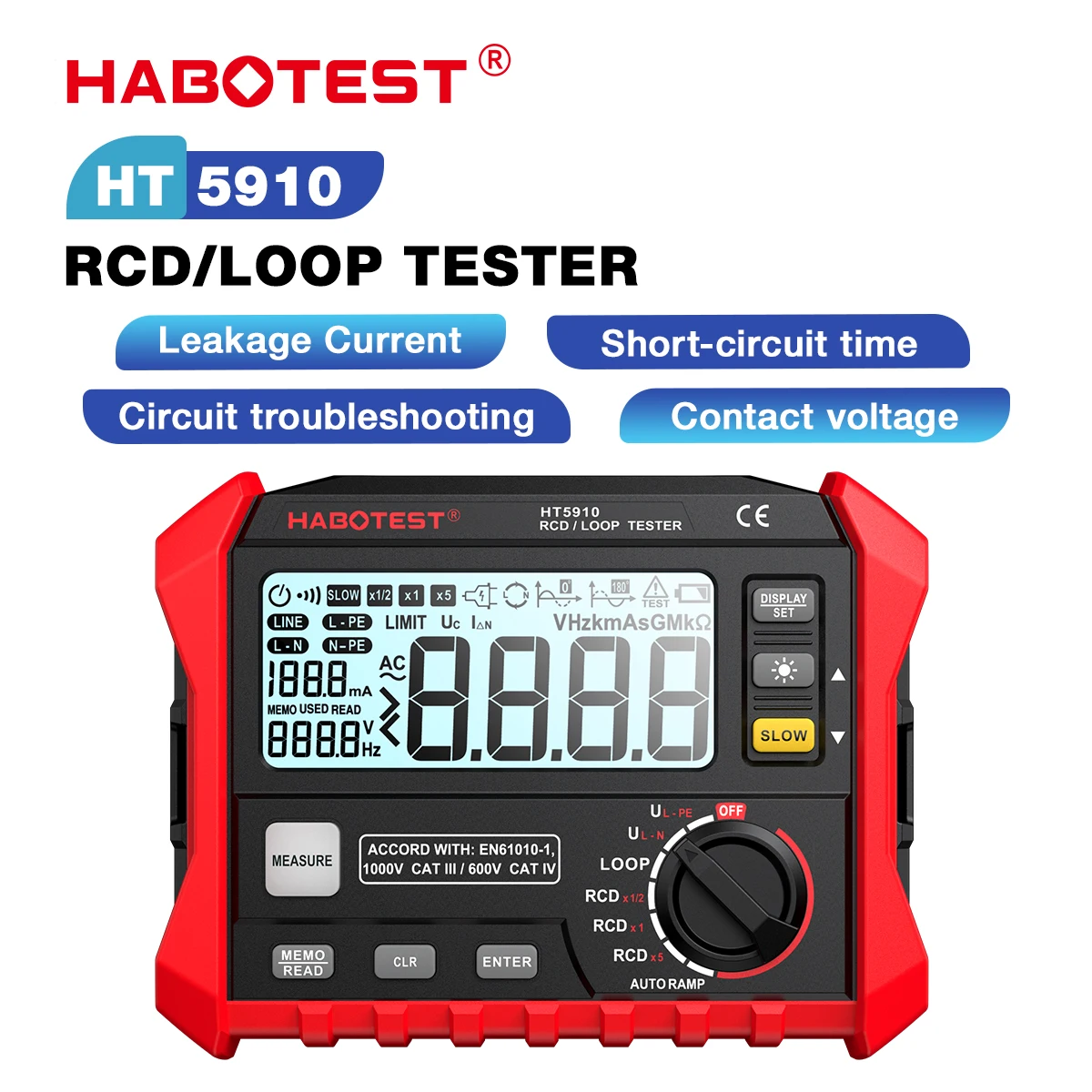 

HABOTEST HT5910 Digital Resistance Meter Leakage Switch Tester 4.7 inch LCD RCD/Loop Tester 1000 Data Storage Voltmeter