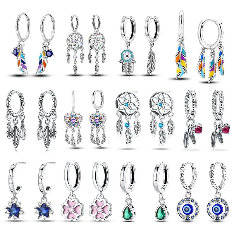 

Серьги-кольца из настоящего серебра S925, лунная звезда, Ловец снов, перо, цветной циркон, изысканные серебряные серьги-капли 925, ювелирные изделия, подарок для женщин