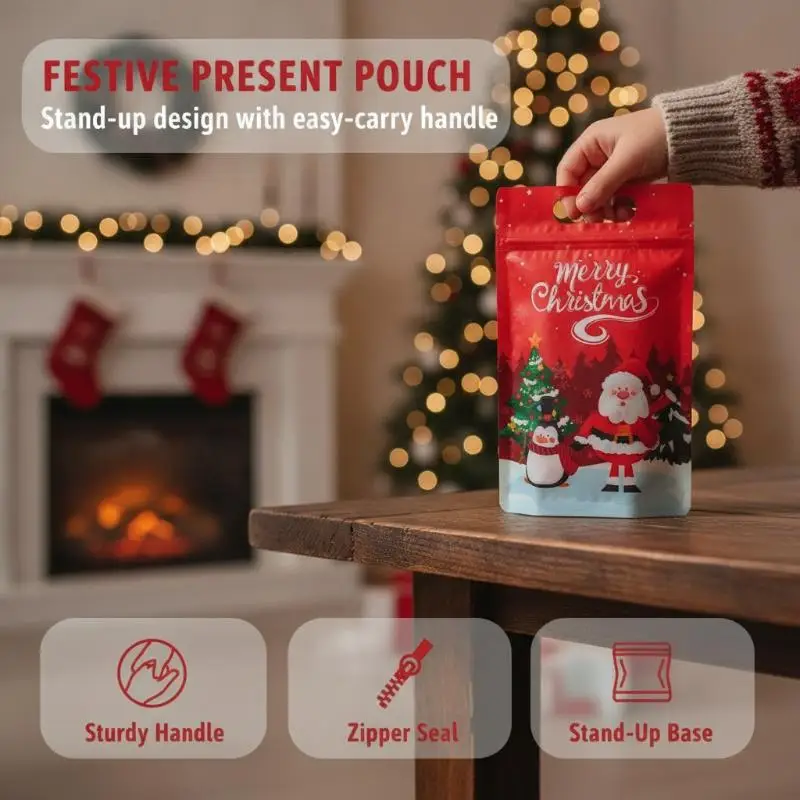 10/25 Pcs Resealable Merry Christmas Sealed Bags Reusable Self Sealing Pouches for Travel Snack Xmas Gift Storage