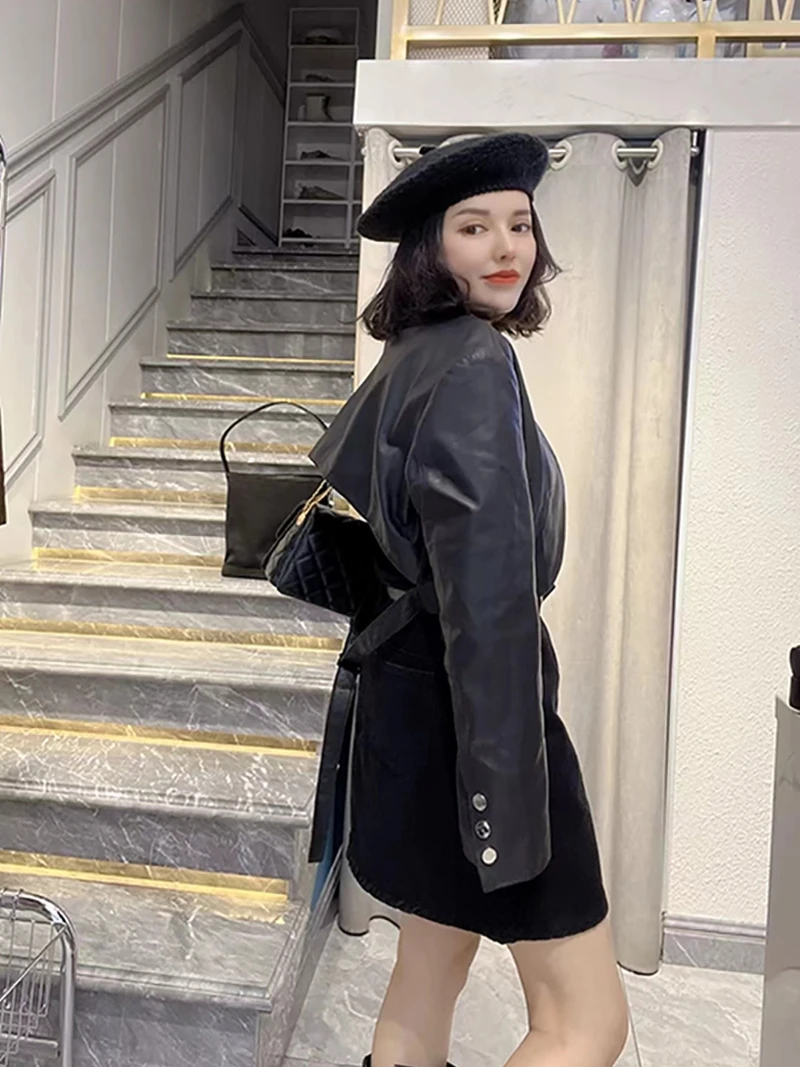 Abrigo largo Jaet de cuero ajustado para mujer, abrigo de piel auténtica de piel auténtica, diseño coreano Sle, principios de otoño 2024