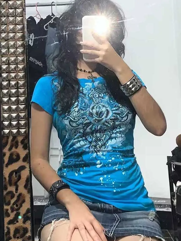 Women's Y2k grunge T-Shirts 2000s Rhinestone Print Heart Rose T-Shirt Aesthetics Round Neck Tops street fashion