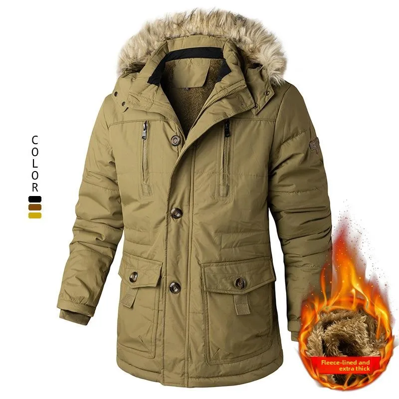 

Men's Hooded Cotton Jaet Warm Thi Cotton Casual Long Zipper Closure Polyester Filled Coat Youth Trend Winter Outerwear