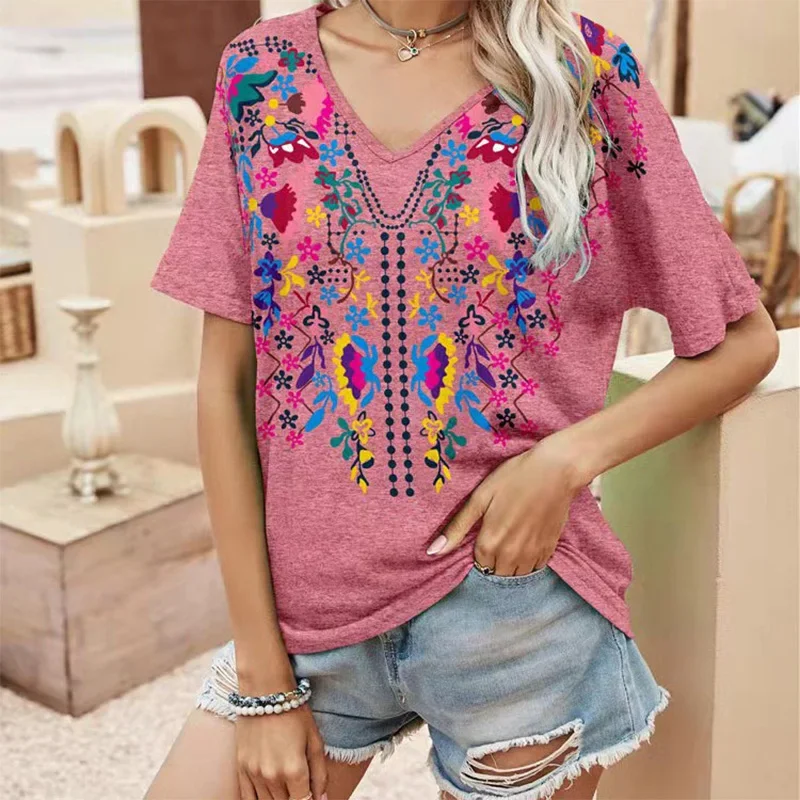 Womens 3D Ethnic Floral Print T-Shirt Vintage V-Neck Top Bohemian Streetwear Harajuku Oversized T-Shirt Womenswear