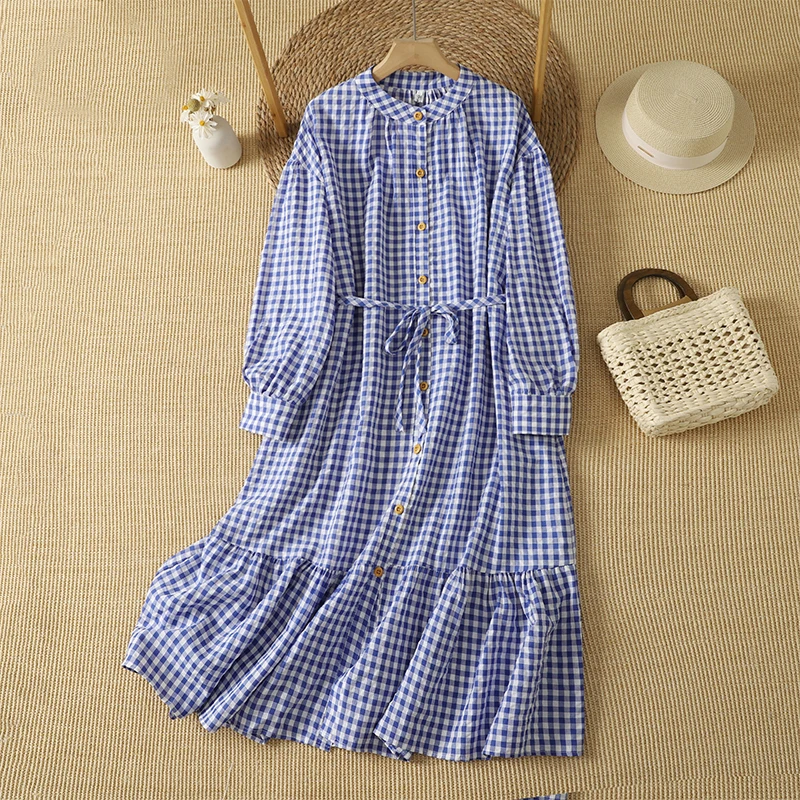 Autumn New Blue Plaid Midi Shirt Dress Women's Long Sleeve Gathered Stand Collar Drawstring A-Line Cotton Dress Citywalk