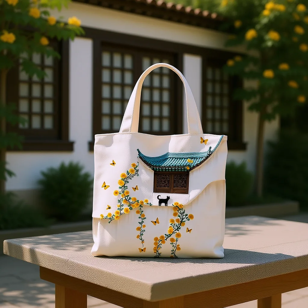 Daily Shopping Bag Ink Landscape Printed Chinese Tote Bag Large Capacity Tote Bag Reusable For Hanging Out Dating School