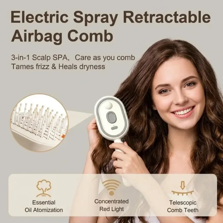 Electric Hair Brush for Anti-Frizz Detangling with Spray, Red Light Therapy & Retractable Teeth– Scalp Massage for Home & Travel