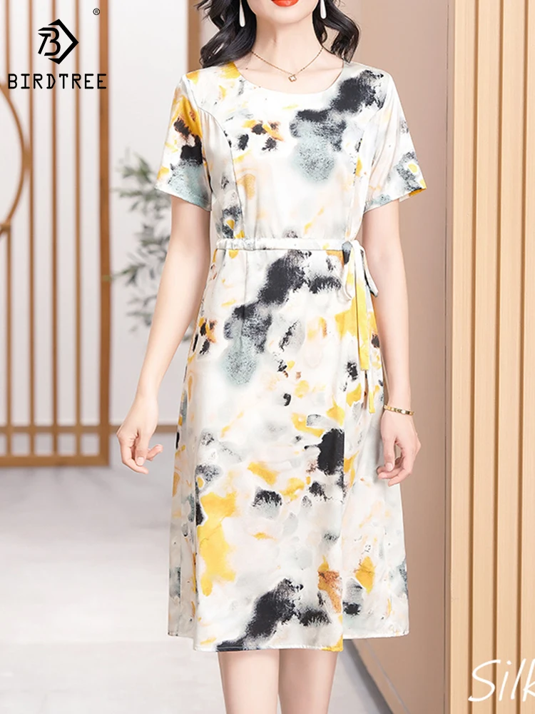 BirdTree 91.8%Real Silk Plus Size Dresses Women,Round Neck Short Sleeves Ink Painting,Slim Elegant Dress,2024 Spring D42289QD