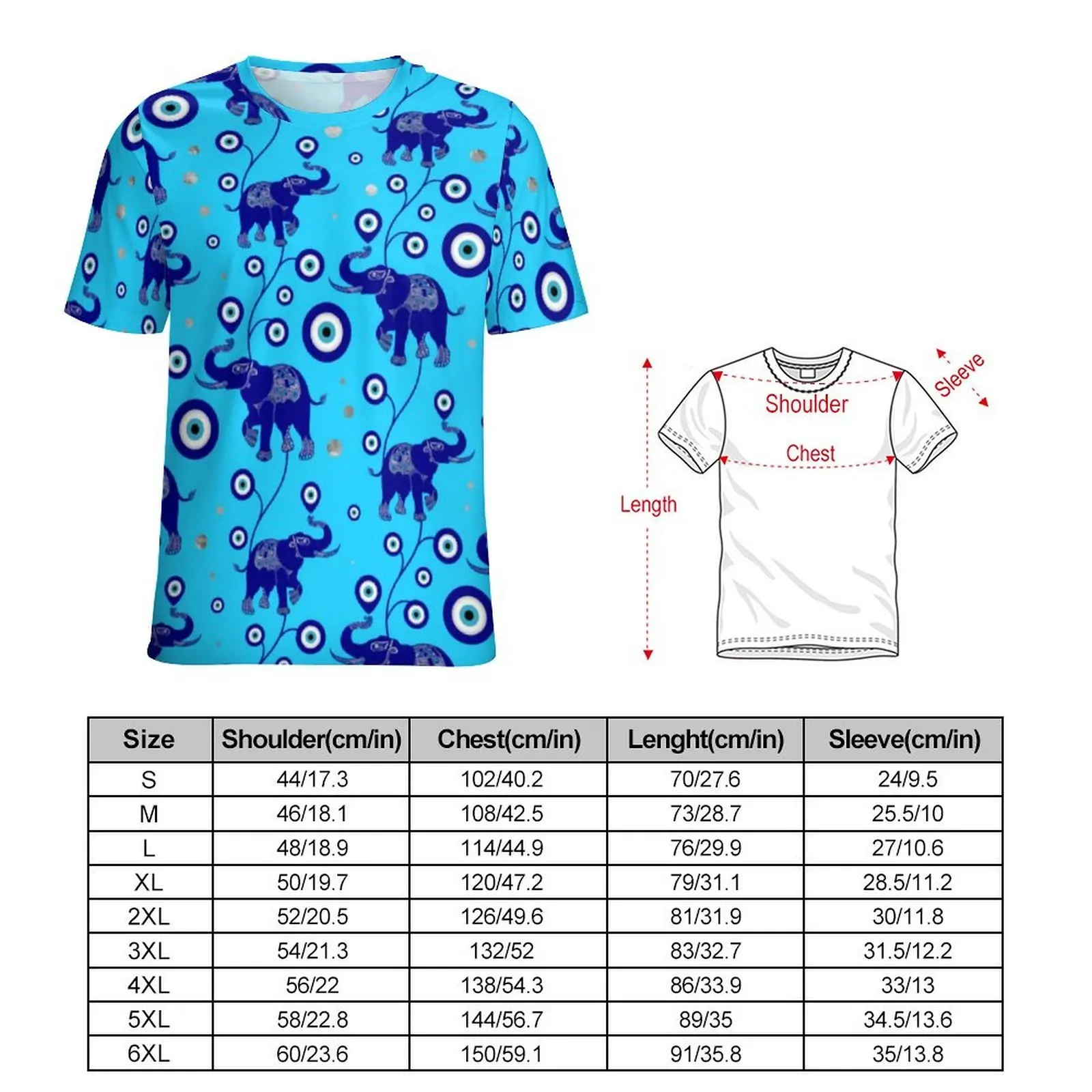 Elephant Evil Eye T-Shirt For Mens Blue Amulet O Neck T-Shirts Summer Fashion Clothes Short Sleeve Awesome Big Size Tee Shirt