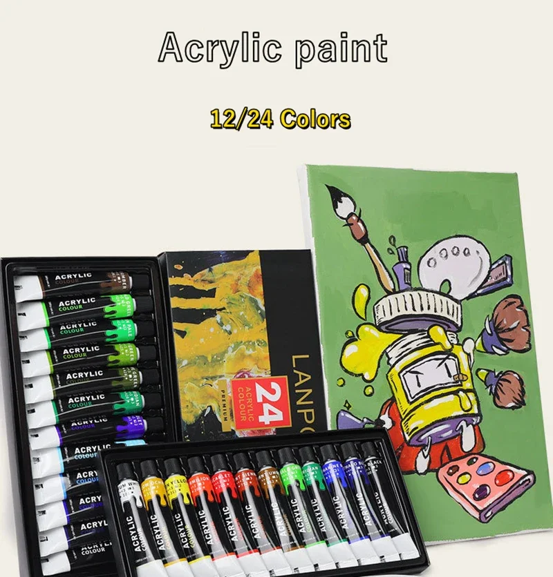 Acrylic Paints Set 12/24 Colors Professional Brush Set 12/60 ml Tubes Artist Drawing Painting Pigment Hand Painted Wall Paint