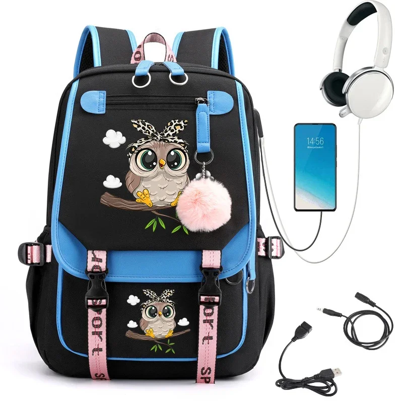 Kawaii Uil Print Vrouwen Rugzakken Waterdichte Nylon Schooltassen Voor Tiener Meisjes Boekentas Dame Reizen Backbag Usb Schoudertas