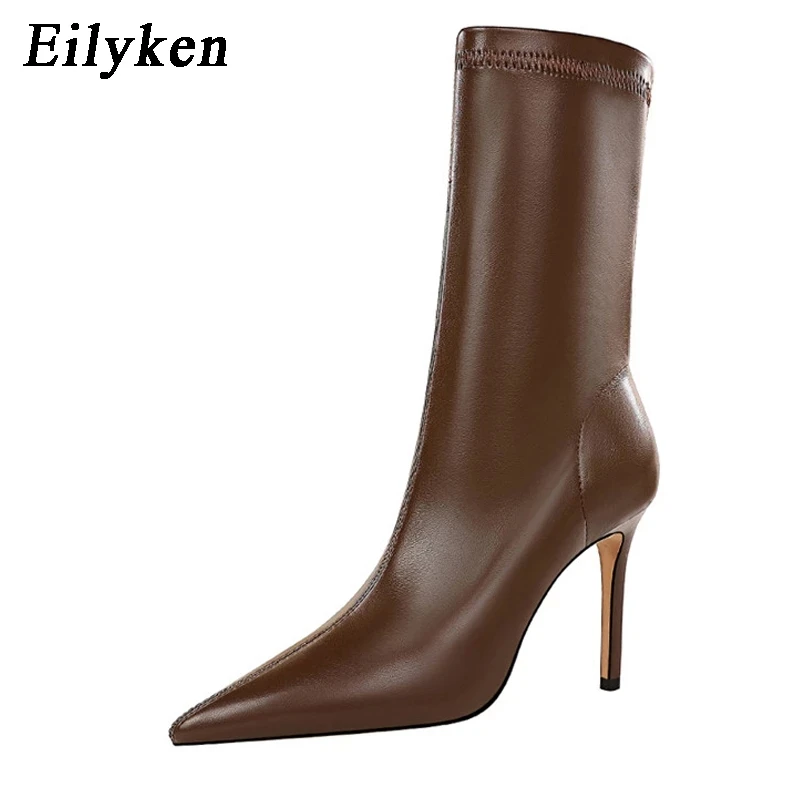 Eilyken Fashion Winter High Quality Soft PU Leather Socks Women Ankle Boots Street Style Pointed Toe Thin Heels Ladies Botines