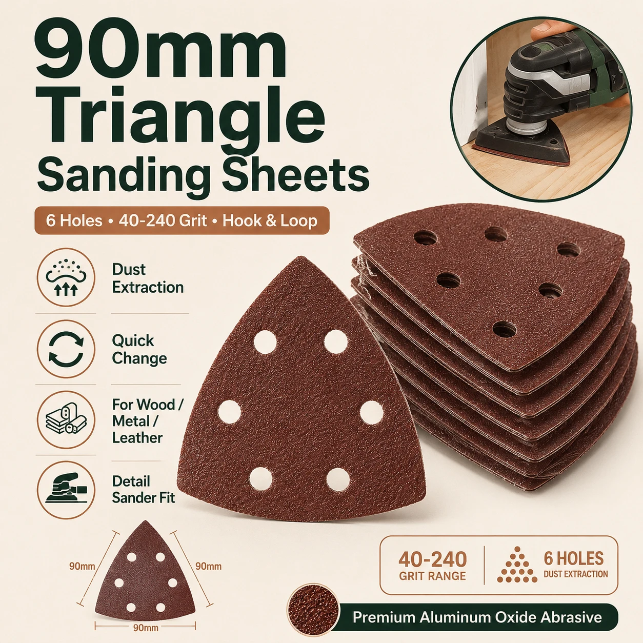 10/50Pcs Triangle Sanding Pads Set 40-240 Grit 6-Hole Dust-Free Mouse Sander for Wood Furniture Auto Body Polishing