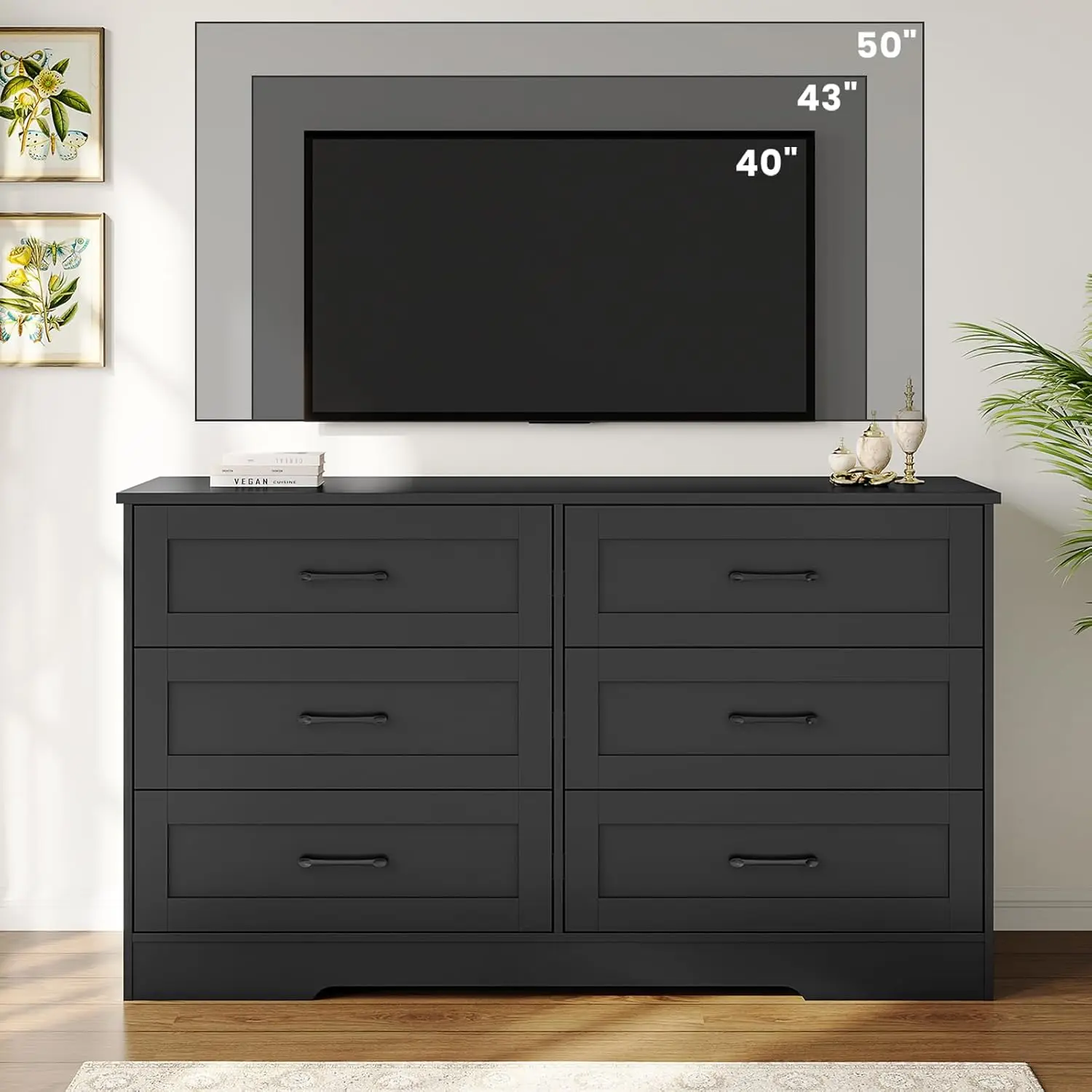 

Black Dresser for Bedroom, 6 Drawers Double Dresser, Wooden Chest of Drawers, Modern Large Capacity Storage Cabinet