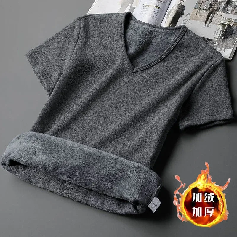 

Plus Velvet Thickening Short Sleeve Men T-Shirt V-neck Soft Warm Bottoming Shirt Warm Clothes Fleece-lined Slim Underwear Bottom