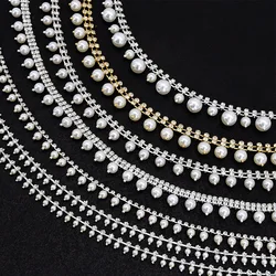 10Yards Rhinestone Trim Pearl Beading Chains Diamond Clothing Necklace DIY Artificial Pearls Rhinestone Ribbon Gift Decoration