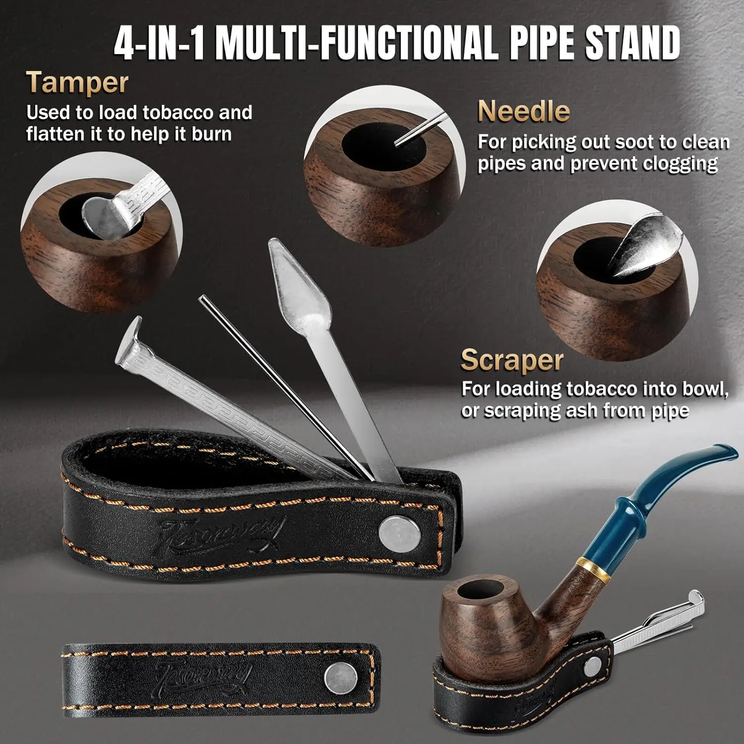 Ebony Wood Pipe Set with PU Leather Travel Pipe Pouch,Replaceable Pipe Stem,Pipe Filters and Smoking Pipe Accessories