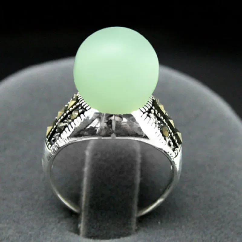 

RARE 8MM LIGHT GREEN Natural jade BEADS MARCASITE 925 STERLING SILVER RING SIZE 7/8/9/10