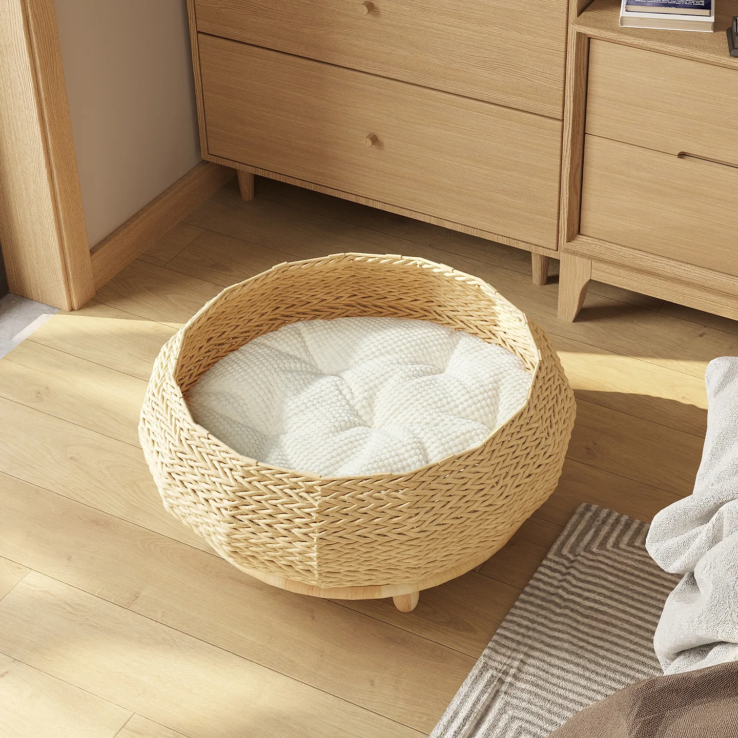 

HYS woven cat nest solid wood cat sleeping pet products round cat and dog seat cushion solid wood