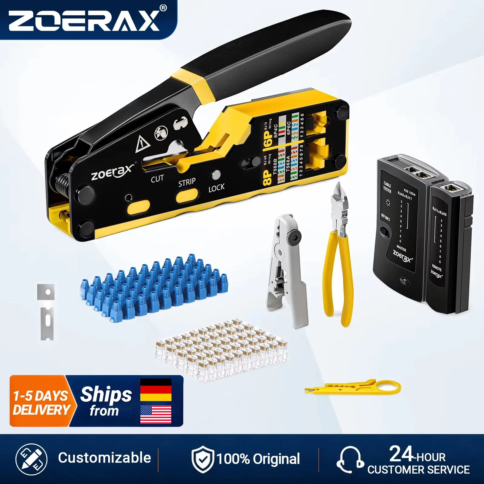 ZoeRax 8 in 1 RJ45 Cat6 Cat5e Crimpwerkzeug-Set RJ45 Crimpzange, Kabeltester, Drahtschneider, Klingen, 50 Stück Cat6-Steckverbinder und Stiefel