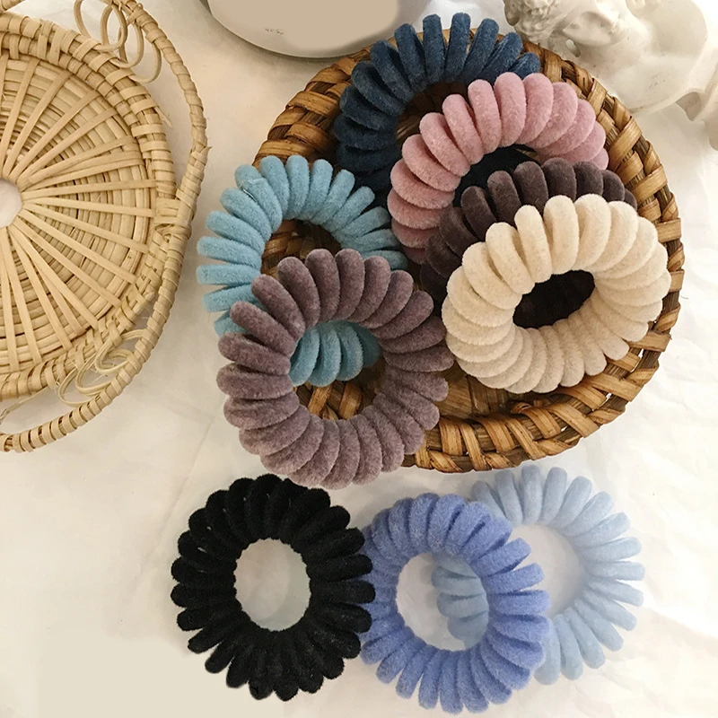 

New Flocking Telephone Cord Scrunchies Spiral Shape Hair Tie Solid Color Rubber Bands Elastic Hair Band Women Hair Accessories