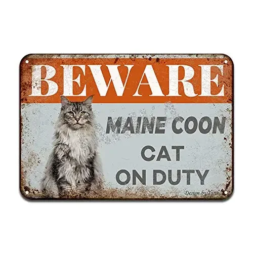 Beware Maine Coon Cat On Duty Iron Poster Painting Tin Sign Vintage Wall Decor for Cafe Bar Pub Home Beer Decoration Crafts