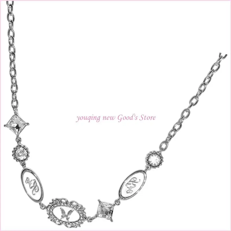 57QA Decorative Butterfly Chain Fashion Jewelry with Silver Tone Finish, White Plaques and Crystal Detail for Daily Styling
