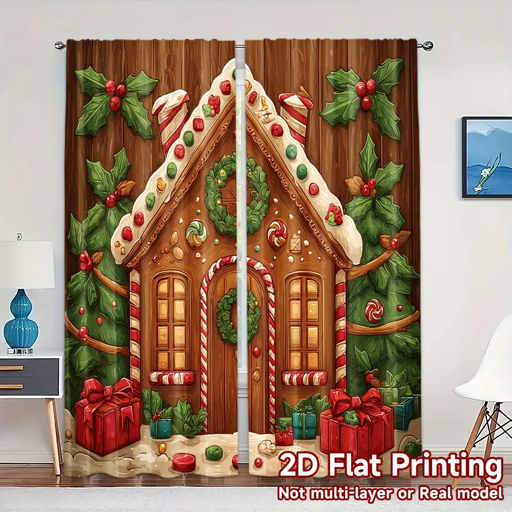 2D Flat Printing,JIT 2pcs, Curtains (Without Rod) Gingerbread Haven Print Popular Curtains Yarn Curtains Room Decor Perfect for