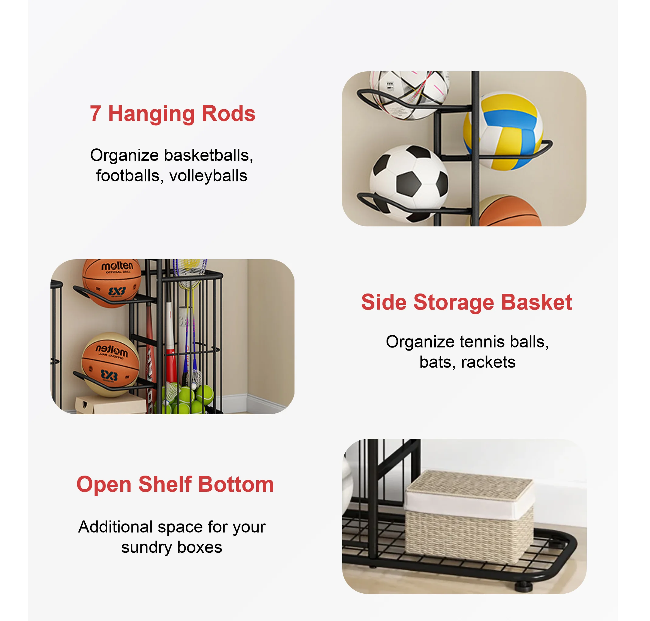 رف تخزين كرة السلة المعدني القابل للتعديل من 7 طبقات، حامل عرض منظم للمعدات الرياضية لصالة الألعاب الرياضية