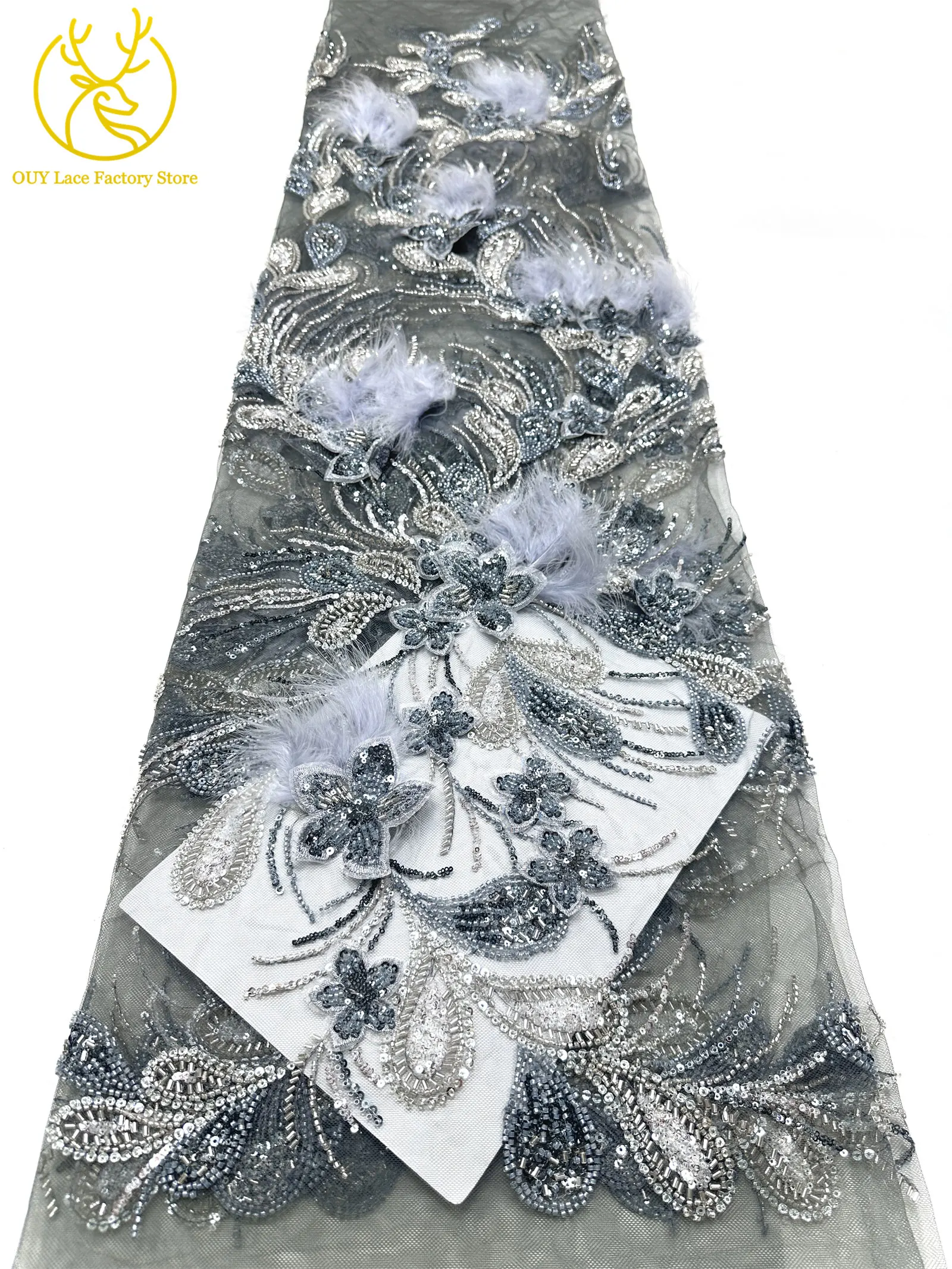 Neues Design Afrikanischer Spitzenstoff mit Pailletten, Perlen, Mesh-Spitze, luxuriöse 3D-Feder-Stickerei, Tüll-Spitzenstoff zum Nähen von Brautkleidern – Detail 12