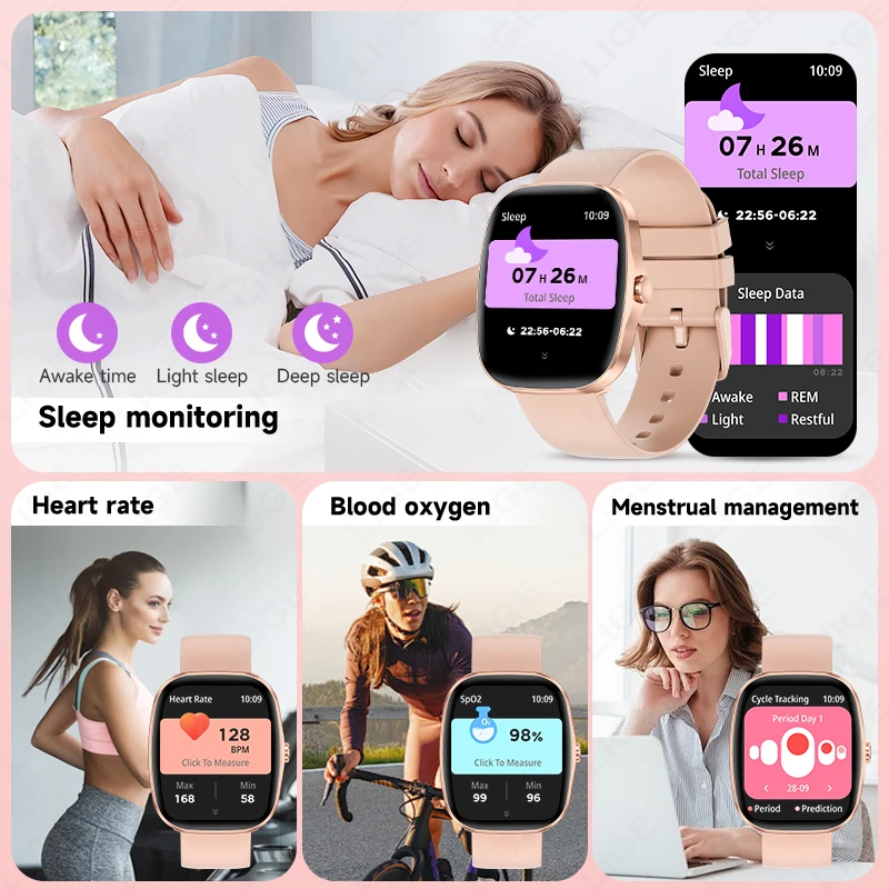 LIGE النساء Smartwatch 1.53 بوصة AMOLED HD شاشة بلوتوث دعوة الرياضة ساعة معدل ضربات القلب الموسيقى IP68 مقاوم للماء ساعة ذكية للرجال