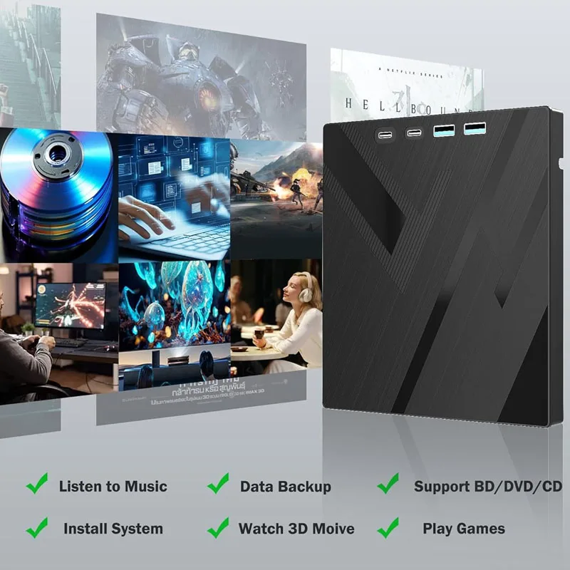 7 in 1 External Blu Ray Drive Support 100G Disc, Portable BD DVD CD -/+RW Player Burner Bluray CD Reader with SD/TF Card Slot