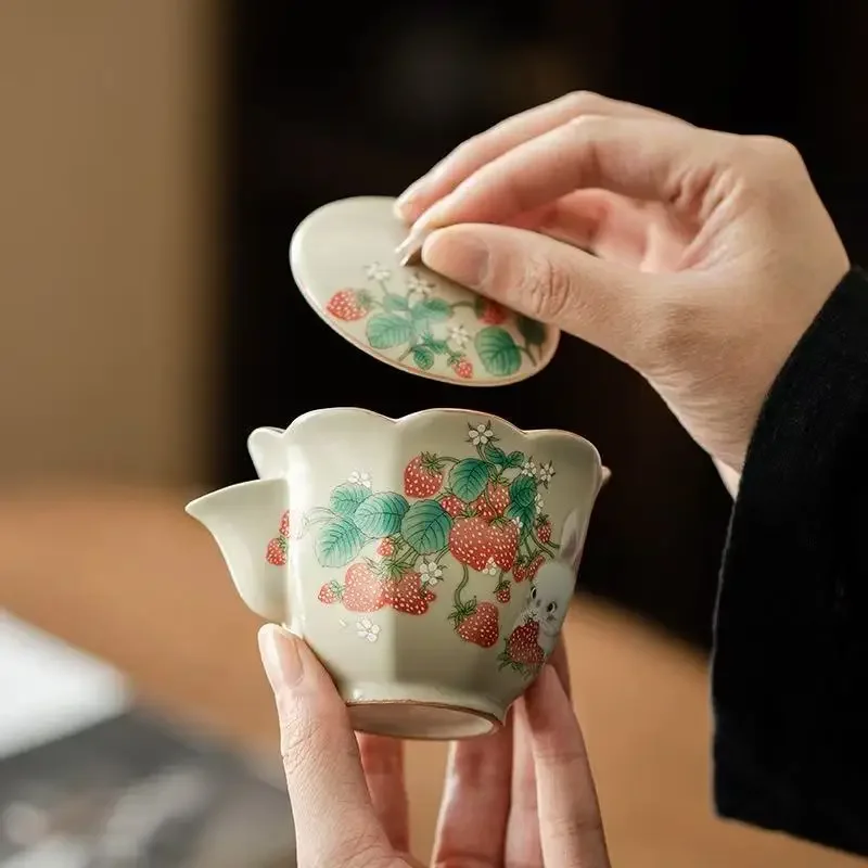 100ML Beige Ru Kiln Strawberry Rabbit Flower Mouth Hand Grab Pot Tea Drinking Tea Household Small Teapot Anti-scalding Kettle