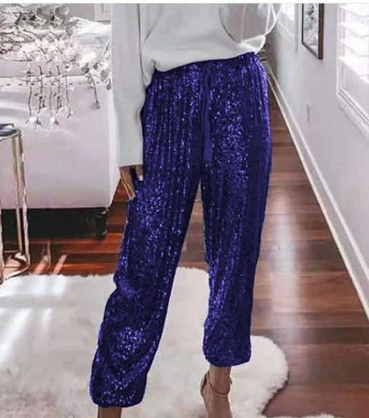 2024 Sequin Shiny Wide Beam Leg Pants Women Casual Christmas Party Harem Pants High Waist Lace Up Trousers Streetwear