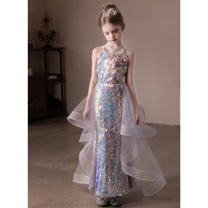 Girl Sequin Princess Dress Formal Ball Gown Party Wedding Birthday Performance Mash Dresses Teenager Girls Clothes Mermaid Tail