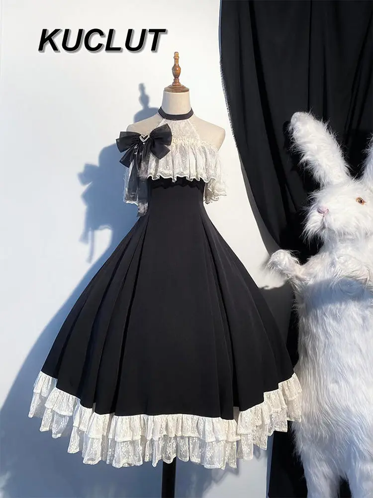 

Модное повседневное кружевное длинное элегантное платье с бретелькой на шее во французском стиле, женские черные платья Лолиты для женщин, весна и лето, новинка 2023 года