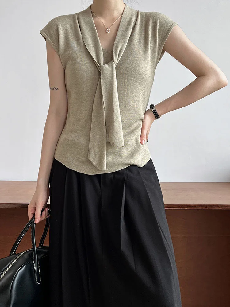 [EAM] Beige Black Elegant Knitting Sweater V-Neck Short Sleeve Women Pullovers New Fashion Tide Spring Summer 2024 1DH6837