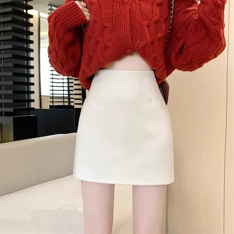 Women's 2026 Autumn Winter White Tweed High Waist Slimming Bodycon Mini Skirt Safety Pencil Warm Elegant Chic Coquette Trendy