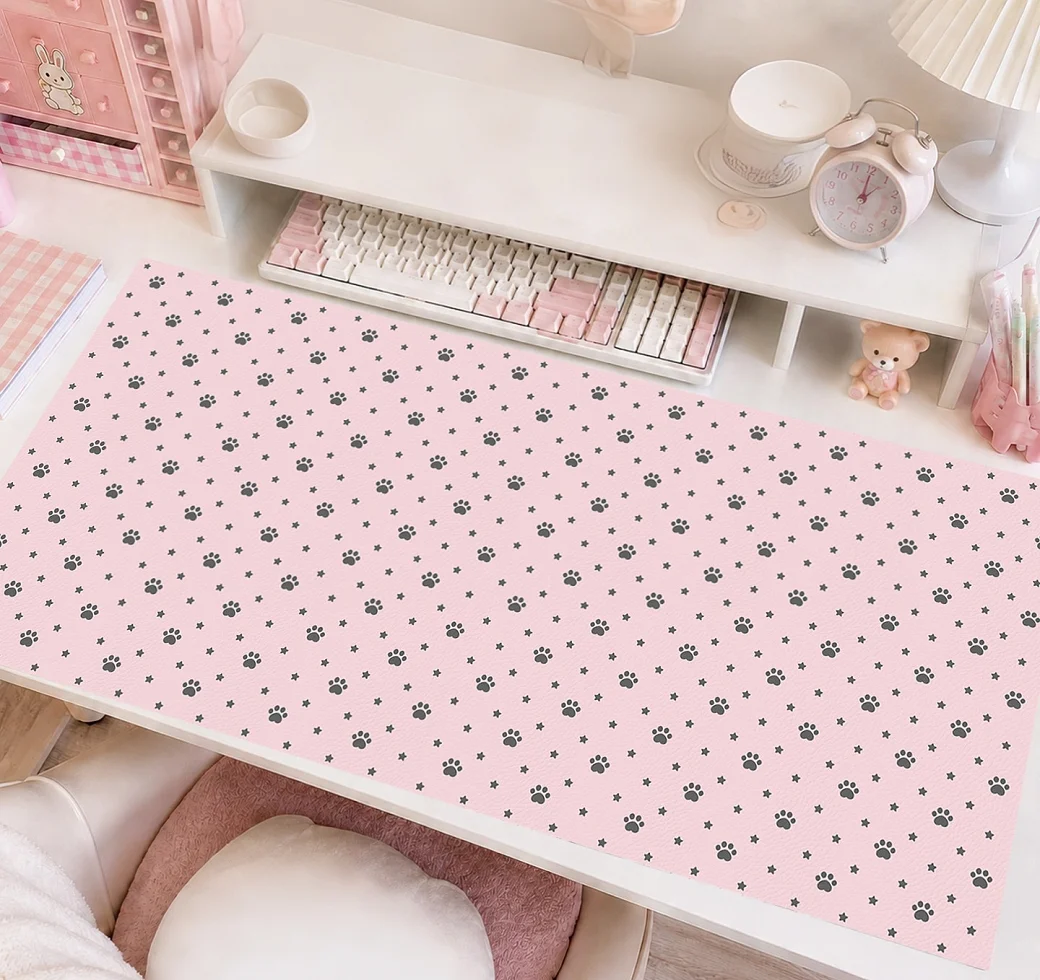 Full Screen Polka Dots Pink Paw Colorful Y2K Leather Desk Pad Protector Mouse Pad Office Desk Mat PU Desk Blotter keyboard Pads