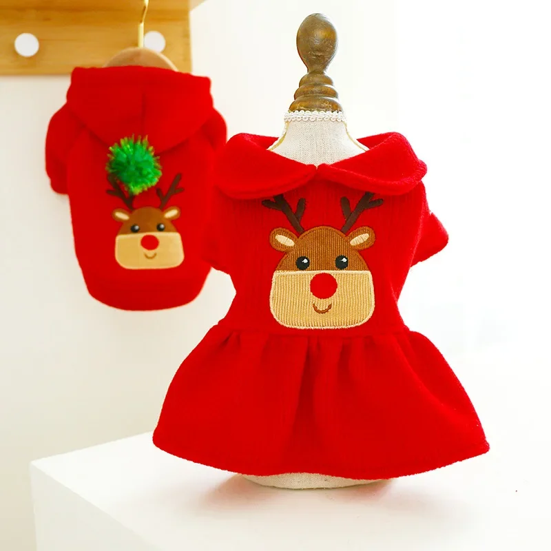 Pet Christmas Dress Sweater Clothes Autumn and Winter Warm Christmas Japanese New Year Christmas Elk Couple Dress Skirt Hoodie