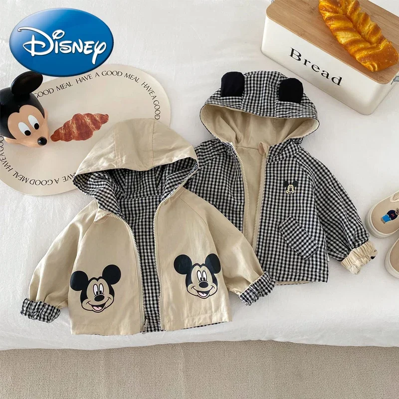 

Disney Cartoon Mickey Mouse Printed Jacket for Children Spring Autumn Double Sided Wear Fashion Hooded Outwear Khaki Blazer